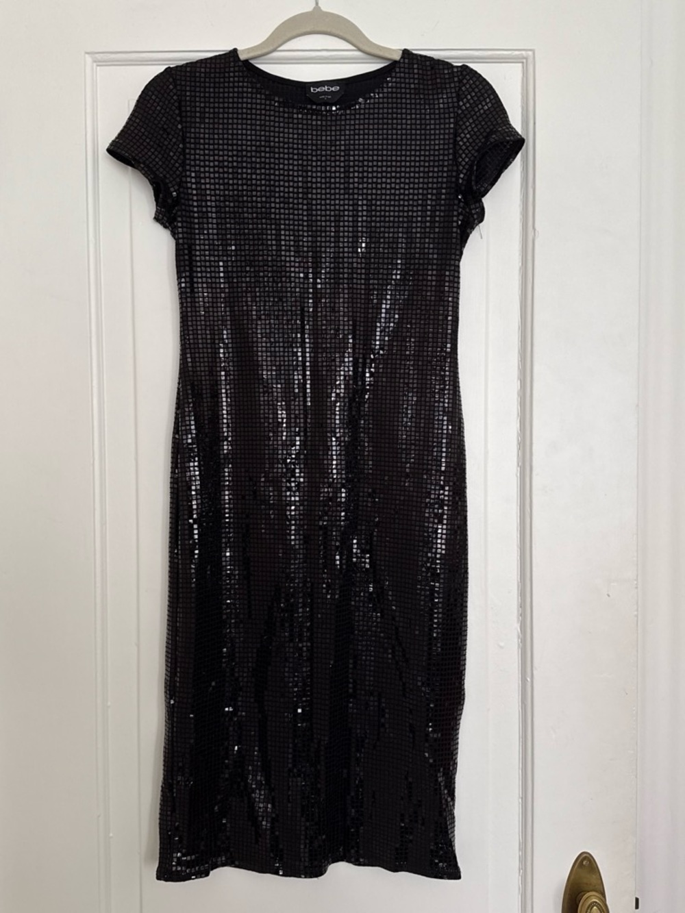 bebe Black Sequin Short Sleeve Midi Dress